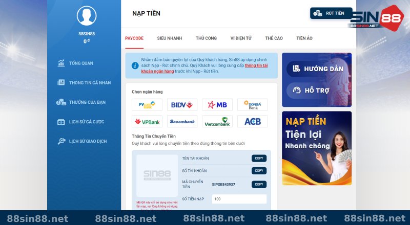Chuyển tiền cược Sin88 thông qua Paycode Chuyển tiền cược Sin88 thông qua Paycode